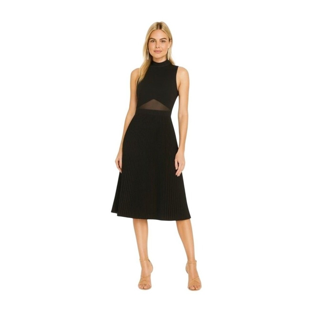 Let Me Be Anthropologie Midi Dress Black Mock Neck Pleated Sleeveless XS